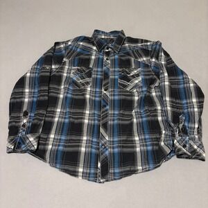 Warehouse One Mens XL Blue Black Plaid Western Snap Button Shirt Casual